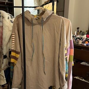 NWOT Easel Beige Hoodie with Stripe and Plaid Accents